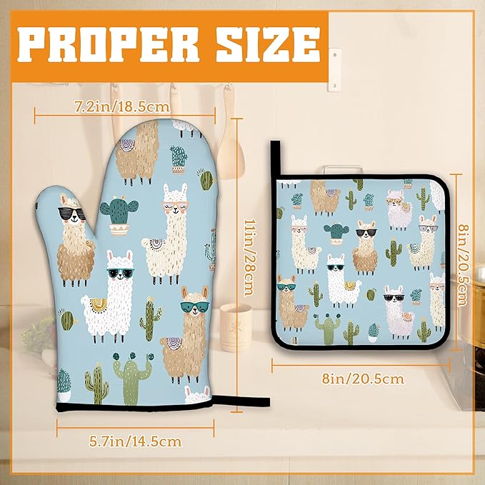Cute Alpacas Oven Mitts and Pot Holders Set,Cactus Kitchen Decor Heat Resistant Non Slip Hot Pads and Oven Mitt for Chef Cooking Baking BBQ Mom Girl Gifts(4 Piece Set)