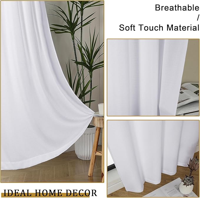 Lecloud Bessie White Curtains 96 Inches Long 2 Panels, Light Filtering Window Curtains with Dual Rod Pocket, Soft Faux Linen Textured Curtain Drapes for Living Room Bedroom, Each 40 W x 96 L