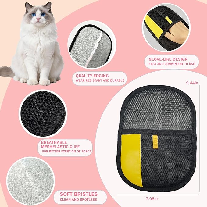 5Pcs Pet Hair Remover Glove Kit for Dogs & Cats - 2 Pack Grooming Gloves & Rubber Brush & Comb - Reusable Pet Hair Remover for Laundry for Furniture Carpet Car Interior Couch Bedding Auto Detailing