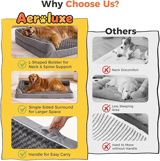 Aeroluxe Dog Bed Large Sized Dogs, XXL Orthopedic Dog Bed for Large Dogs, Waterproof Pet Bed with Washable Removable Cover, L-Shaped Pet Couch with Portable Handle 48"x35"x7.5", Grey