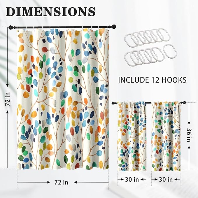 Culudea Colorful Leaves Ivory Shower Curtain Set, Floral Modern Boho Bathroom Window Waterproof Shower Curtain Set for Bathroom Decor