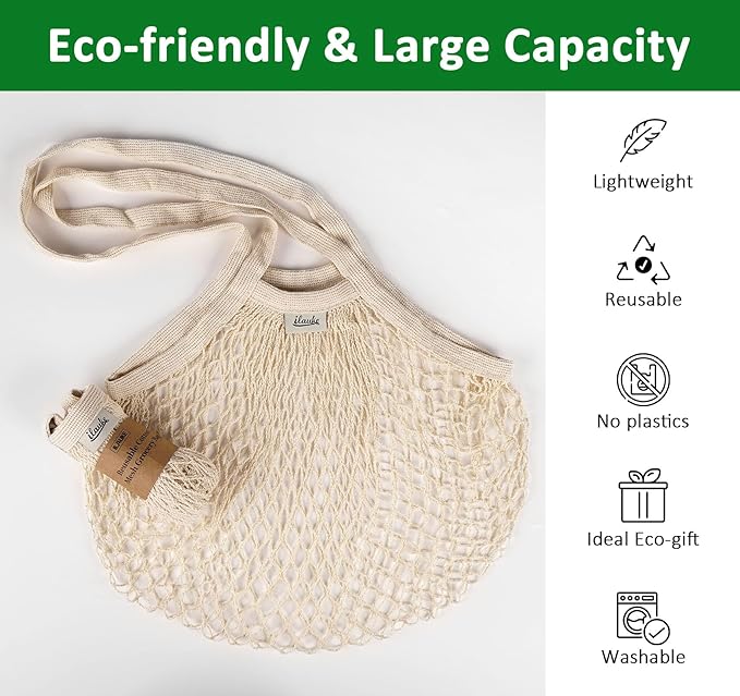 Lemonfilter Mesh Produce Bags, 5 Pack Large Reusable Mesh Grocery Bag Washable Cotton String Organizer Shopping Bags with Handle, Net Tote Bag for Vegetables Fruit Farmers Market Shopping (4 color)