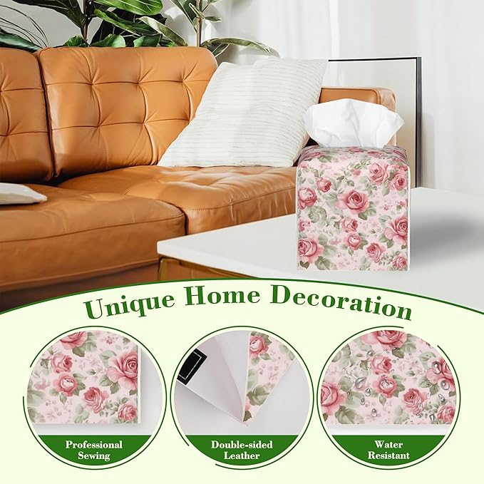 Pink Roses and Green Leaves Tissue Box Cover,Vintage Flowers Floral Waterproof Leather Square Tissue Box Cover Case Facial Paper Organizer Dispenser Box Holder for Home Office Bathroom Vanity