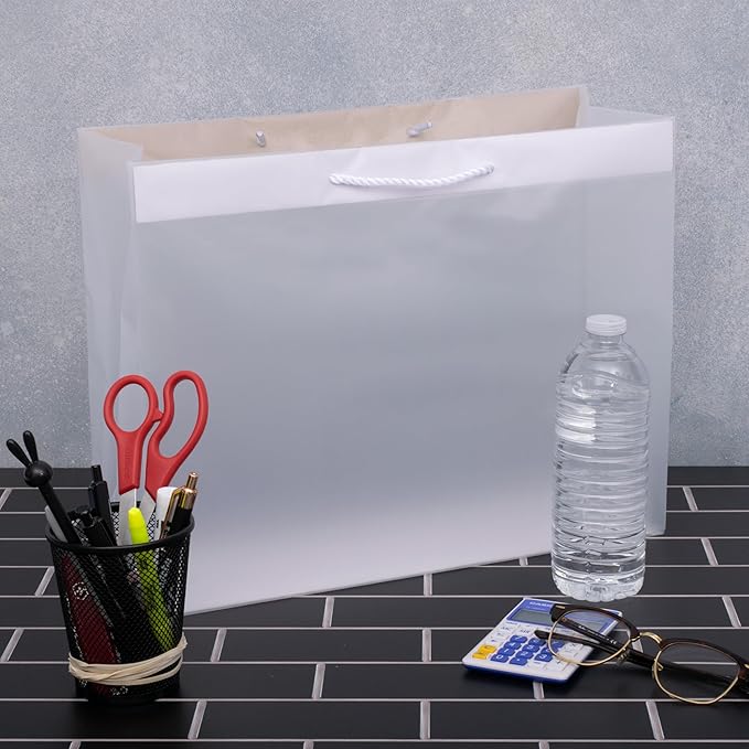 Prime Line Packaging Frosted White Gift Bags with Rope Handles, Reusable Shopping Bags for Retail, Small Business, Boutique, Favors, Bulk, 16x6x12, 100 Pack