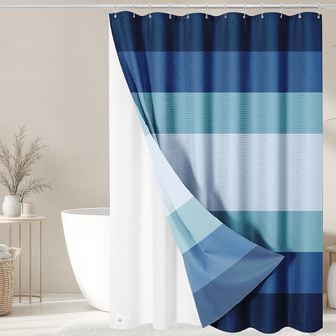 Nesphy Shower Curtain and Liner, Navy and Blue Striped 3 in 1 Shower Curtain and PEVA Liner Set with 12 Rust-Resistant Metal Hooks, Waterproof Fabric Shower Curtains for Bathroom, 72 W x 72 H