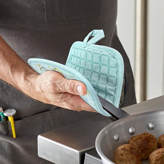 Pot Holders Set of 3 Silicone Printing Non Slip Heat Resistant, Yarm-Dyed Hot Pads Cotton Home Kitchen Cooking Barbecue Microwave Women Men Machine Washable BBQ Grilling. (Light Blue Potholders)