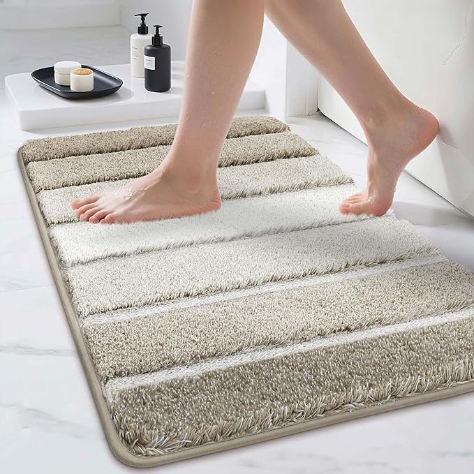 COSY HOMEER Bathroom Rugs 30"x20", Ultra Soft Absorbent Bath Mat with Non-Slip TPR Backing, Machine Washable Shaggy Rug for Bathroom Floor, Beige
