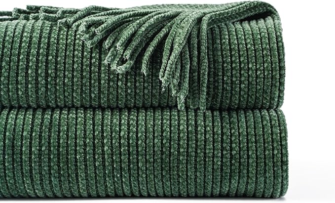 BATTILO HOME Dark Green Throw Blanket for Couch, Soft Chenille Knit Throws with Tassels for Home Decor, Christmas Green Throws for Bed Couch Cover, 60"x80"