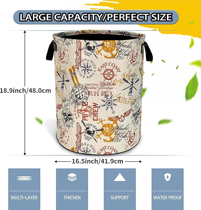 NUTAINLA Anchor Laundry Basket Compass Seafaring Foldable Oxford Cloth Funny Tote Bag Laundry Hamper Clothes Storage Bucket Toy Organizer For Bathroom/Laundry Storage/Bedroom 18.9x16.5 Inch