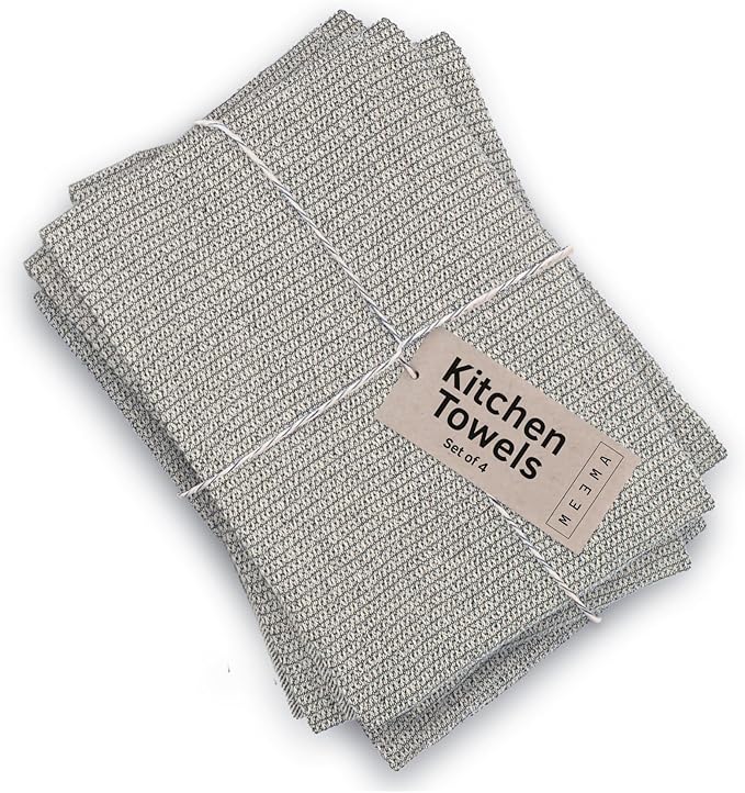 MEEMA Kitchen Towels and Dishcloths Sets of 4 | Large 18 x 28 Inch | Upcycled Cotton Tea Towels for Kitchen | Super Absorbent Cotton | Charcoal | Hand Towels