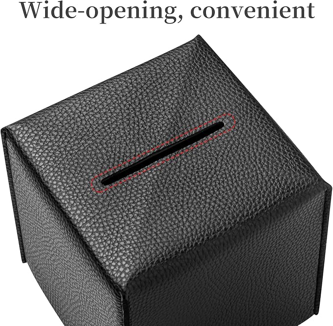 REGELETO Square Tissue Box Cover, Pu Leather Tissue Box Holder with Bottom Belt Modern Stylish Tissue Box Organizer for Bathroom, Bedroom, Hotel, Office Desk 5"X5"X5" (Black)