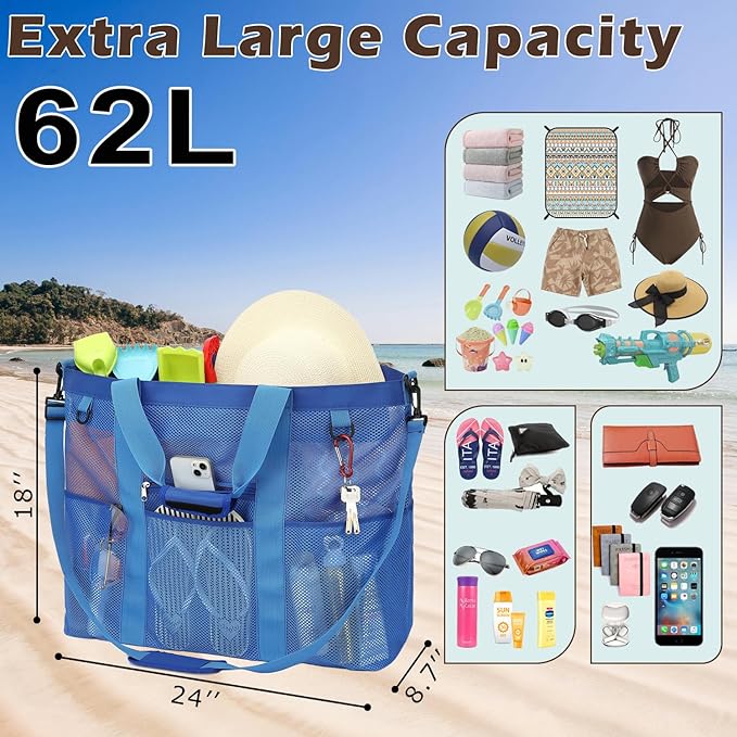 Fammart Mesh Beach Bag, Large Beach Tote with Zipper Pocket for Family Pool Bag for Toys & Vacation Essentials