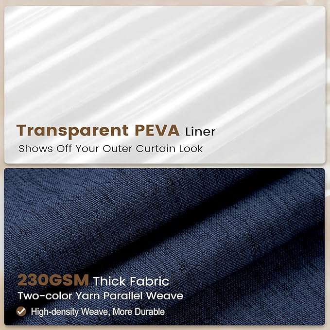 BTTN 3 in 1 Shower Curtain with Liner - 84 Inch Extra Long Linen Textured Fabric Shower Curtain Set with Plastic Hook, Tall Modern Heavy Duty Waterproof Shower Curtain for Bathroom, Navy Blue, 72x84