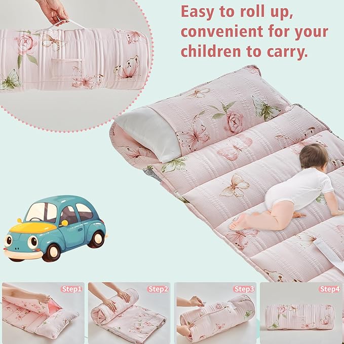 Toddler Nap Mat with Zipper,Detachable Minky Blanket and Removable Pillow,Soft Slumber Bags for Girls,Kids Sleeping Bag for Daycare Preschool Kindergarten,Flower Toddler Sleeping Mat - Butterfly