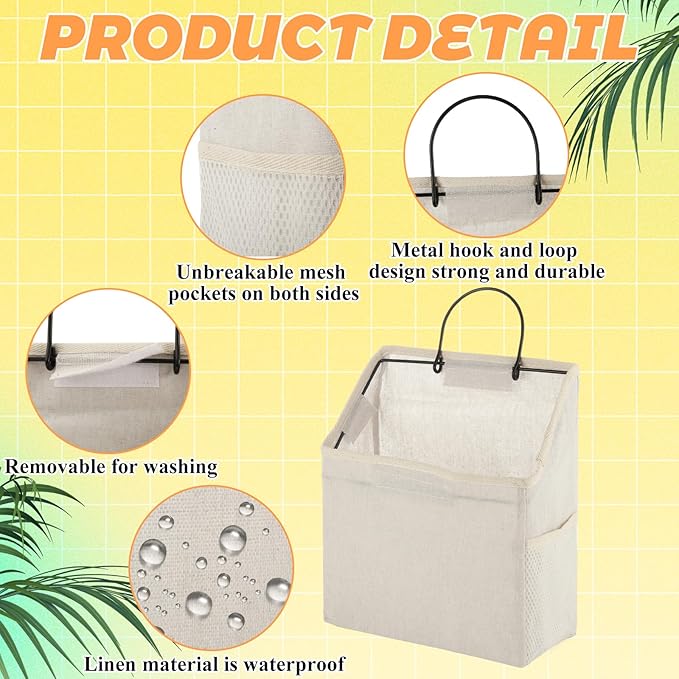 STARVAST 8Pcs Wall-Hanging Storage Bags, Desktop Organizer Basket, Door Organizer Basket, Bathroom Closet Hanging Storage Bag Waterproof Linen Cotton for Kitchen, Bedroom, Living Room, 8Hooks(White)