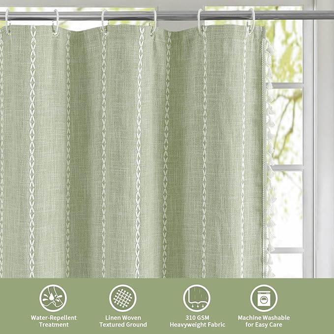 MitoVilla Boho Extra Long Shower Curtain 72 x 96, SageGreen Modern Farmhouse 96 inch XL Polyester Linen Texture Tassel Fabric Shower Curtain Set with Hooks for Cottagecore Country Bathroom Decor