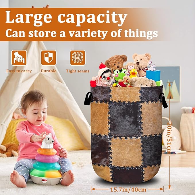 Cowhide Patchwork Laundry Basket with Sturdy Handles, Retro Cow Print Collapsible Oxford Cloth Laundry Hamper Organizer Basket for Bathroom Bedroom 15.7x20 Inch