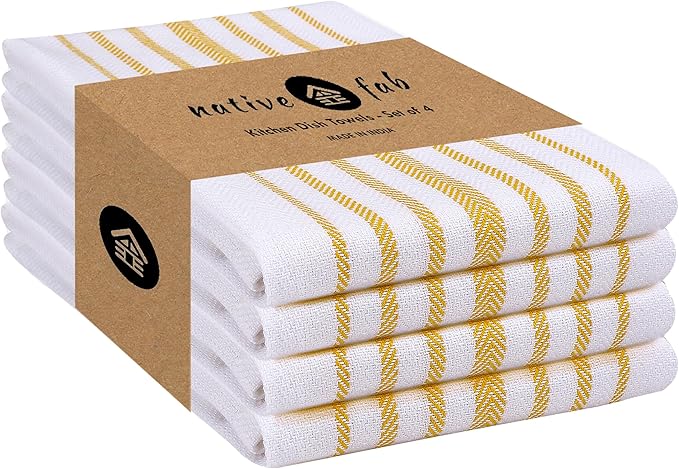 Native Fab Yellow Stripe Kitchen Dish Towels 16"x26" Set of 4 - Herringbone Weave Scandia Striped 100% Cotton Dish Cloths for Washing Dishes, Absorbent Hand Towels - Yellow White