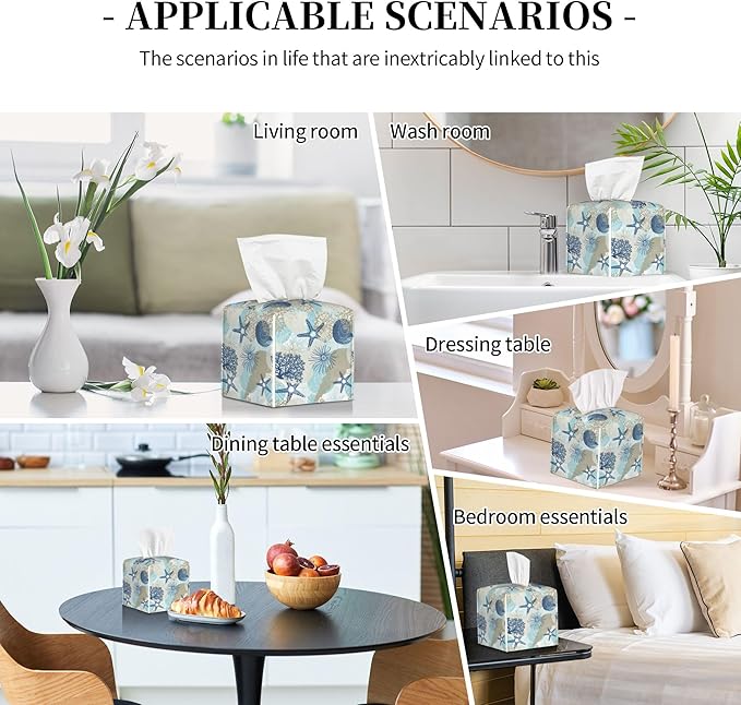 POIUBLE Tissue Box Holder Corals and Seashells Tissue Box Cover Square Leather Tissue Holder Organizer Portable Decorative Facial Paper Case for Home Office Bathroom Vanity Countertop