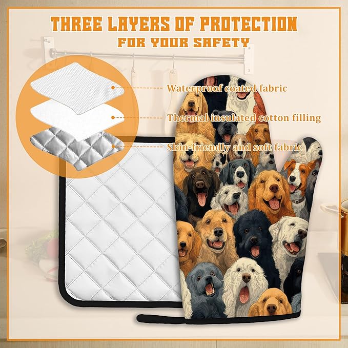 Funny Cute Dog Oven Mitts and Pot Holders Set,Kitchen Decor Heat Resistant Non Slip Hot Pads and Oven Mitt for Chef Cooking Baking BBQ Mom Girl Gifts(4 Piece Set)