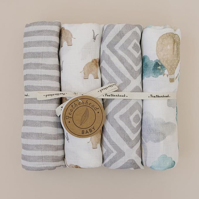 Featherhead™ 4-Pack 100% Cotton Muslin Swaddle Blankets for Baby Girl - Large 47”x 47” - Pre-Washed, Soft, & Breathable - Newborn Essential & Perfect Baby Registry Gift (4 Pack - Elephant)