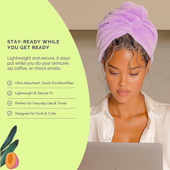 Purple Mango Beauty Hair Towel for Women & Kids - Fast Absorbent Microfiber Towel for Wet Hair Curly, Coily & Wavy Hair - Lightweight, Button Loop Design - Ideal Hair Wrap Towel to Dry Curls Gently