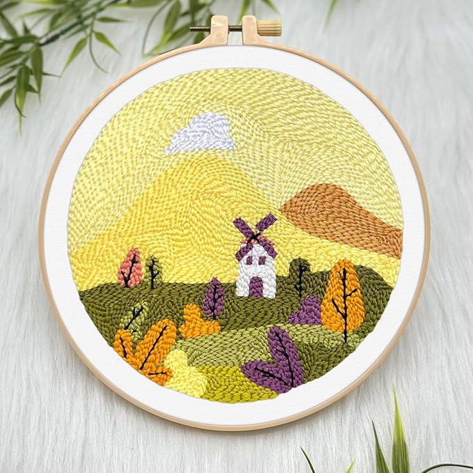 ERKOON Punch Needle Kit Adults Beginners, DIY Easy Landscapes Embroidery Set for Starter Art Craft, Needling Punch Project with Patterns, Tools, Yarns, Hoop, Instruction (Fall)