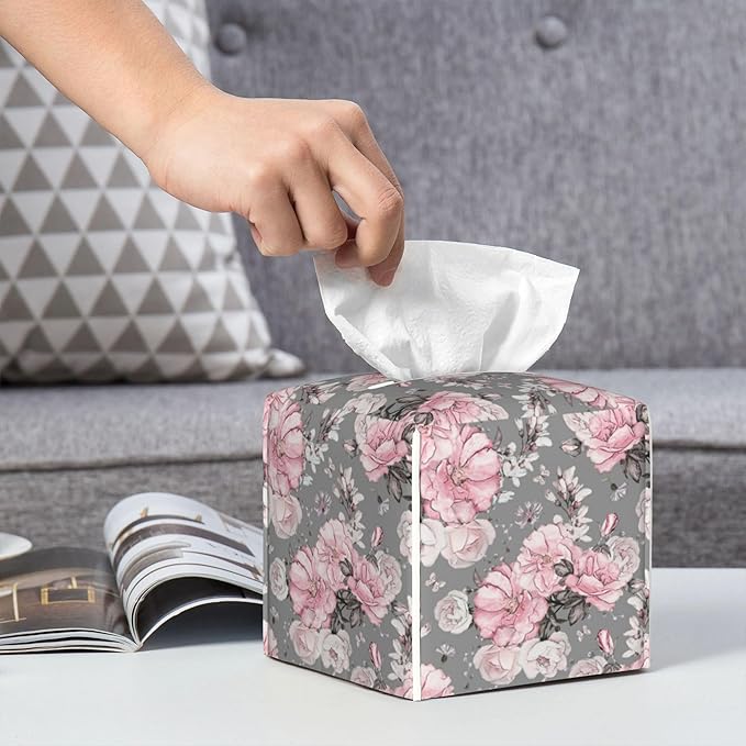 POIUBLE Tissue Box Holder Pink Flowers and Leaves Tissue Box Cover Square Leather Tissue Holder Organizer Portable Decorative Facial Paper Case for Home Office Bathroom Vanity Countertop