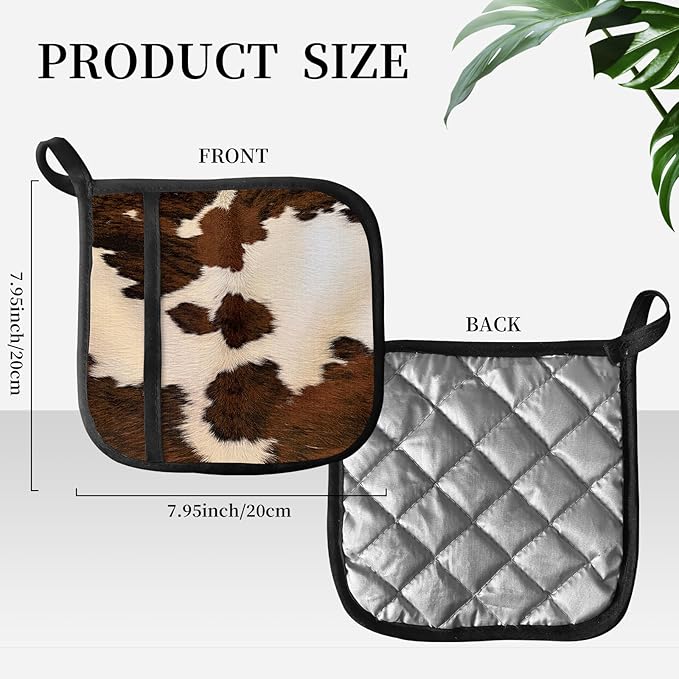 Pot Holders for Kitchen, Heat Resistance Hot Pads, Cute Potholder with Pocket for Kitchen Cooking Baking, Brown Cowhide