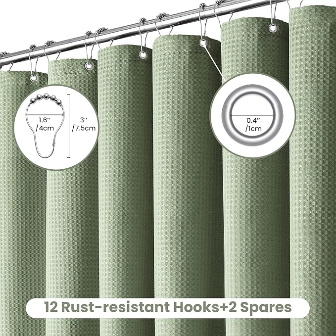 Inhousolu Fabric Shower Curtain Waffle Weave, Sage Green 230 GSM Heavy Duty, Weighted Hem, 14 Metal Hooks, Water Repellent, Machine Washable, Hotel Spa Luxury Bath Curtain Set, 72 x 96 Inch