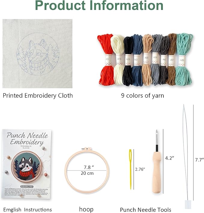 Myfelicity Punch Needle kit, a Beginner Set with Wolf Pattern Design, Suitable for Beginners and Adults with 7.9-inch Hoop