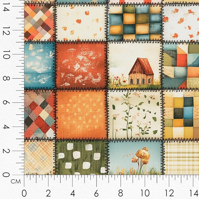 Patchwork Fabric Panel with Windmill Designs – 100% Cotton Satin, 6 Printed Panels 9.8”×9.8” + Patchwork Sheet 29.5”×19.7”, Single Continuous Cloth for Quilting & Sewing
