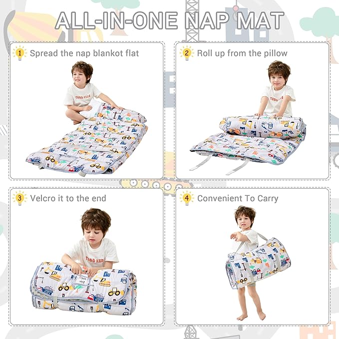 Lasoftan Toddler Nap Mat with Pillow and Blanket, Extra Large Rolled Napping Mats,Slumber Bags for Boys Girls,Kids Sleeping Bag for Daycare, Preschool Travel Camping