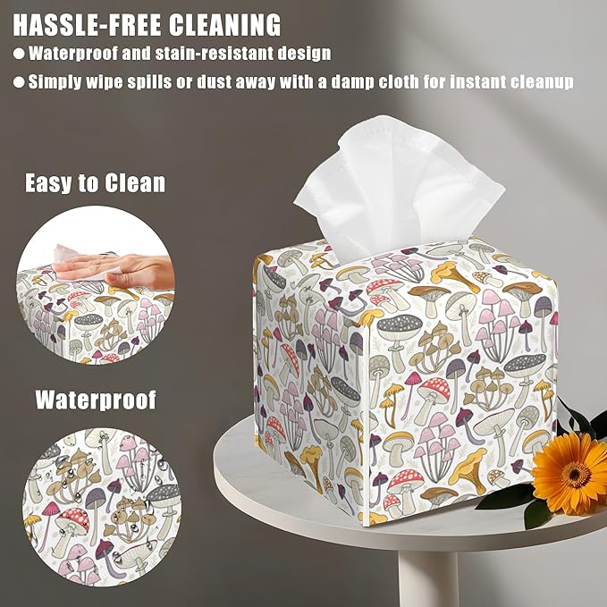 Leather Tissue Box Holder Wild Mushrooms Tissue Box Cover Facial Paper Case Organizer Cube Napkin Dispenser for Bathroom Vanity Countertop Night Stand Office Car