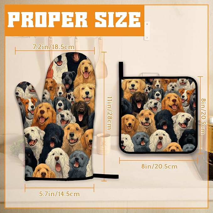 Funny Cute Dog Oven Mitts and Pot Holders Set,Kitchen Decor Heat Resistant Non Slip Hot Pads and Oven Mitt for Chef Cooking Baking BBQ Mom Girl Gifts(4 Piece Set)