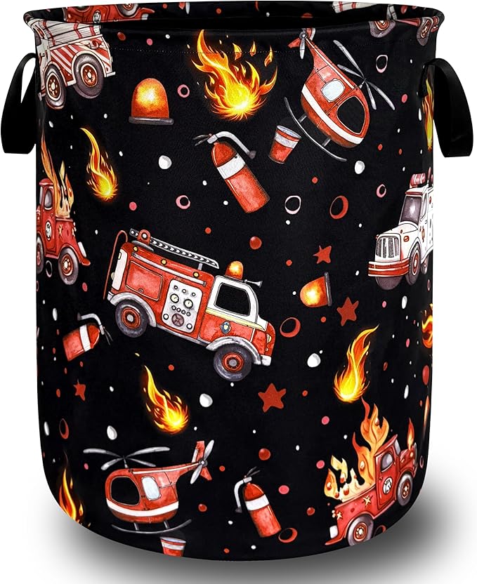 Fire Truck Fireman Laundry Basket Oxford Cloth Firefighters Funny Laundry Hamper With Handle Portable Clothes Storage Basket Foldable Laundry Bag 18.9"x16.5"For Laundry Room/Bedroom/Bathrooms