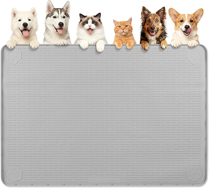 Bartuke Dog Food Mat, Extra Large 57" x 40" Silicone Pet Feeding Mat with Raised Edge Pet Placemat for Small, Medium, and Large Pets Non-Slip, Easy to Clean (Light Grey)