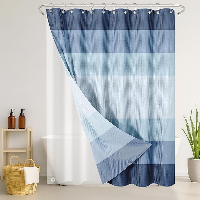 Nesphy Shower Curtain and Liner, Ombre Blue Striped 3 in 1 Shower Curtain and PEVA Liner Set with 12 Rust-Resistant Metal Hooks, Waterproof Fabric Shower Curtains for Bathroom, 72 W x 72 H