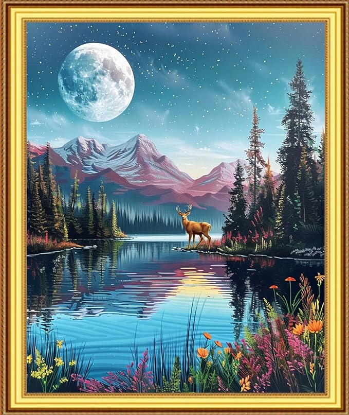 Foxnyart Stamped Cross Stitch Kits Full Range of Embroidery Needlework Starter Kits for Beginners Adults 11CT Embroidery Patterns Art Crafts DIY Needlepoint Kit-Forest Moon Scenery 16x20 inchs