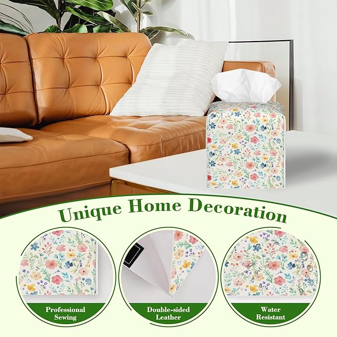 Watercolor Floral Tissue Box Cover,Colorful Flowers Waterproof Leather Square Tissue Box Cover Case Facial Paper Organizer Dispenser Box Holder for Home Office Bathroom Vanity Countertop