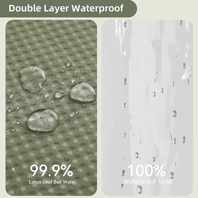 Lameirose Shower Curtain and Liner Set, 3 in 1 Waffle Shower Curtain Set with 12 Double Sided Shower Curtain Hooks, Fabric Shower Curtains for Bathroom, Green, 72 x 72