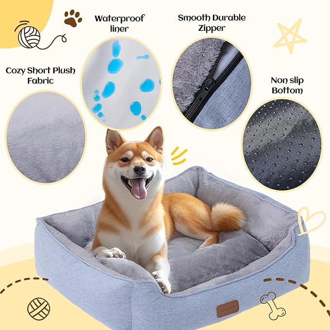OUPEIWAWA Rectangle Dog Bed for Large Medium Small Dogs Washable Pet Bed with Bolster Sides Non-Slip Bottom Pet Sofa Waterproof Lining Durable Pet Cuddler, Sky Blue, 33x 26x 7.5