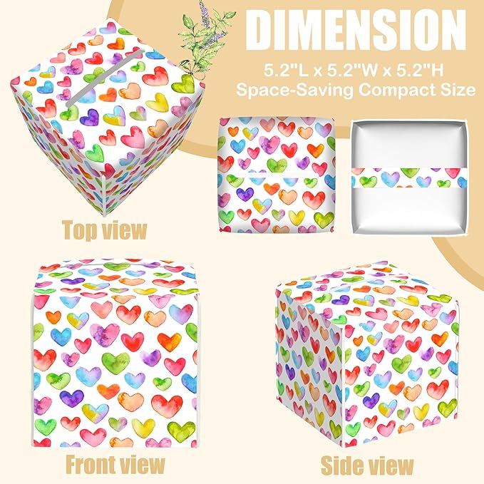 BLYKVGHQ Watercolor Square Tissue Box Cover Colorful Hearts Tissue Box Holder Facial Cube Paper Dispenser Leather Decorative Organizer Home Office Desk Decor, 5.2"x5.2"x5.2"