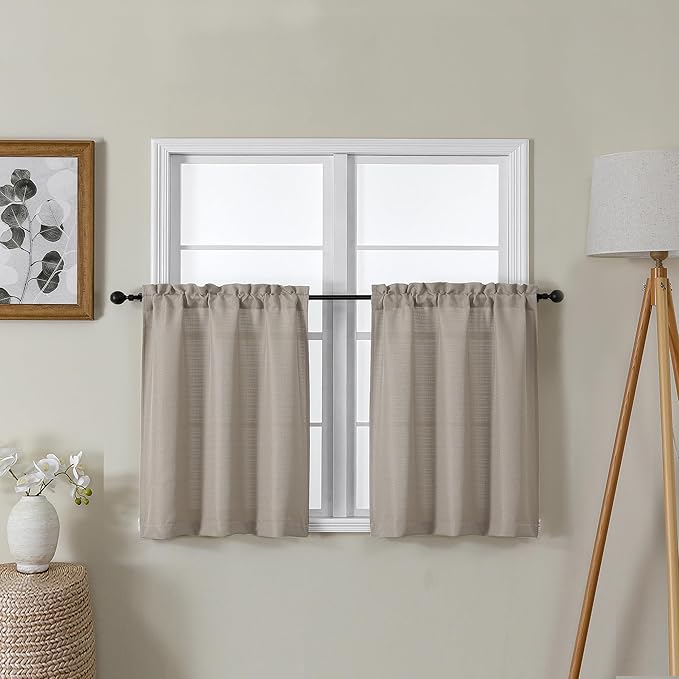 Lecloud Bessie Stone Short Curtains 24 Inch Length 2 Pcs, Faux Linen Cafe Kitchen Small Curtains with Rod Pocket, Light Filtering Curtain Tiers Window Treatments for Bedroom Bathroom, Each 30 W x 24 L