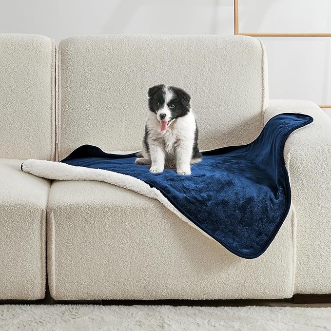 Yaning Waterproof Blanket for Bed Couch Sofa, Soft Liquid Pee Proof Pet Blanket for Dog Puppy Cat, Reversible Sherpa Fleece Furniture Protector (Navy Blue, 30x40 inches)