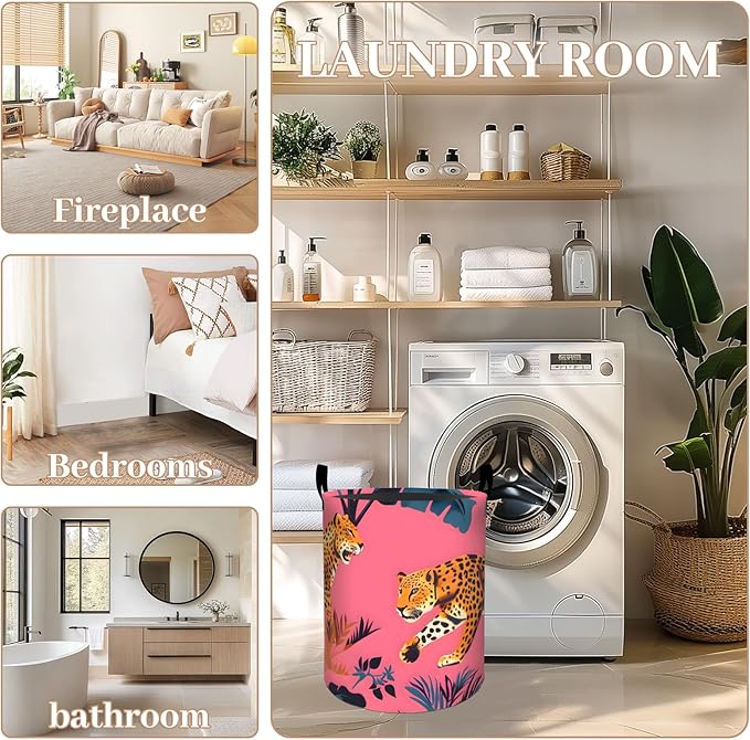 ainori Leopard Laundry Basket, Oxford Cloth Nature Dirty Clothes Collapsible Hamper for Room Decor, Jungle Animal and Botanical Print Gifts Toy Organizer 19.7 * 15.8 Inch for Bedroom Bathroom Dorm