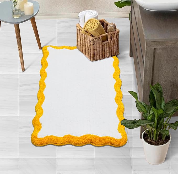 C23 Luxury Deep-Pile Bath Rug | 2200 GSM Ultra-Soft Plush Thick Bathroom Mat | 20"x32" Mustard Yellow & White High-Density Loft Rug | Non-Slip Natural Latex Back, Absorbent, Machine Washable, 1 Piece