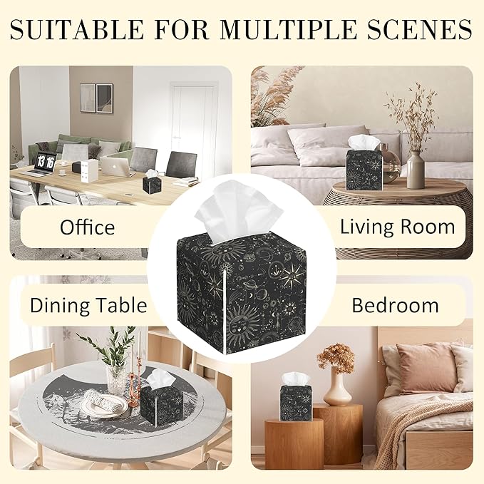 POIUBLE Zodiac Signs Tissue Box Holder Moon Phases Tissue Box Cover Square Leather Tissue Holder Organizer Portable Decorative Facial Paper Case for Home Office Bathroom Vanity Countertop