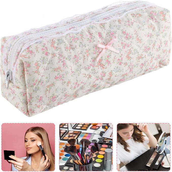 GEEHUA Quilted Makeup Bag, Floral Large Cute Cosmetic Pouch, Coquette Aesthetic Pink Makeup Pouch Cotton Puffy Travel Toiletry Storage Bag Portable Zipper Organizer (Light Pink)