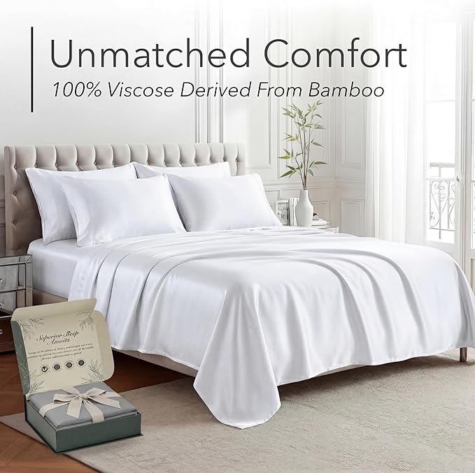 DECOLURE 100% Viscose Derived from Bamboo Sheets Full Size - Luxury 6 Pc Naturally Cooling Sheets, Ultra Soft Bed Set - Deep 17" Pockets, Durable Double Stitching, Oeko Tex Standard (White)